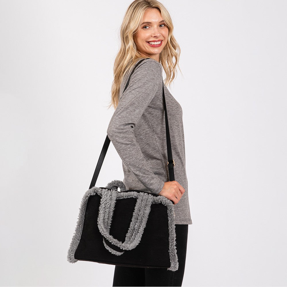Fleece Trimmed Tote Crossbody Bag Women's Black Polyester with Adjustable Strap