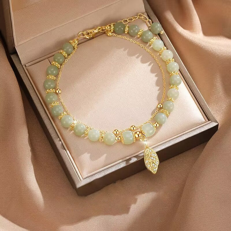 3pcs Green Jade Beaded Bracelets with Gold Leaf Charm & Chain Women's Jewelry