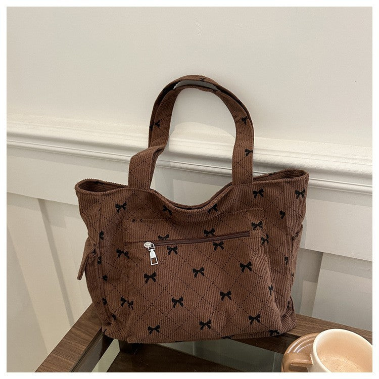 Coquette Corduroy Tote Bag Brown Bow Print Shoulder Purse Large Capacity Multi-P