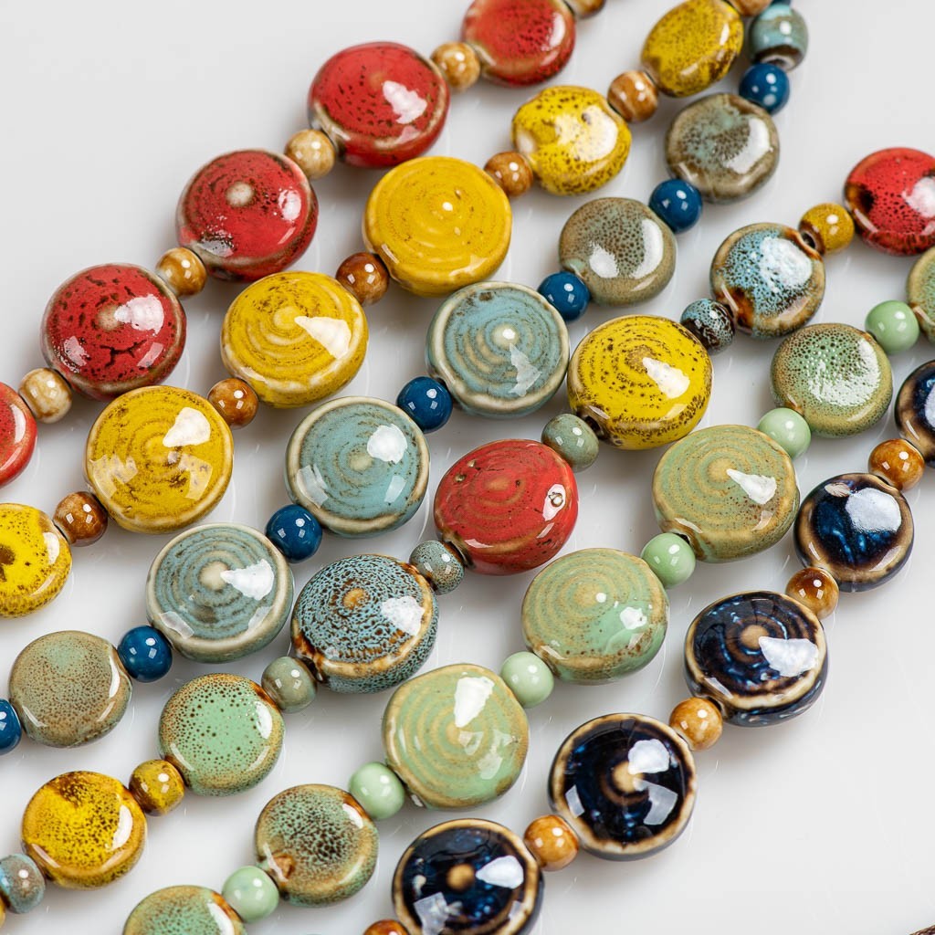 Colorful Round Beaded Ceramic Necklace Handmade Retro Boho Jewelry for Women