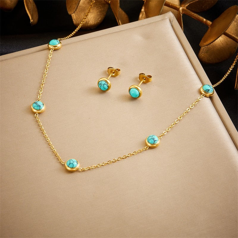 Gold-Tone Turquoise Station Necklace & Stud Earrings Set