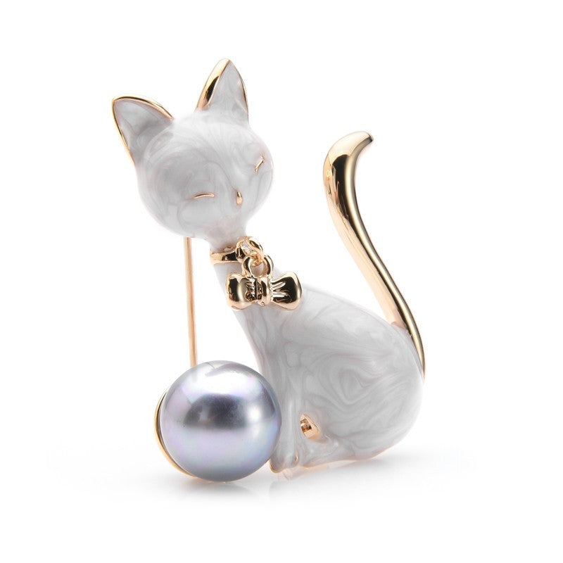 2pcs Enamel Cat Brooch Pin Set Gold Tone Pearl Accent Fashion Jewelry