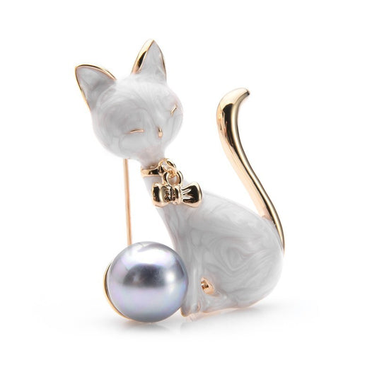2pcs Enamel Cat Brooch Pin Set Gold Tone Pearl Accent Fashion Jewelry