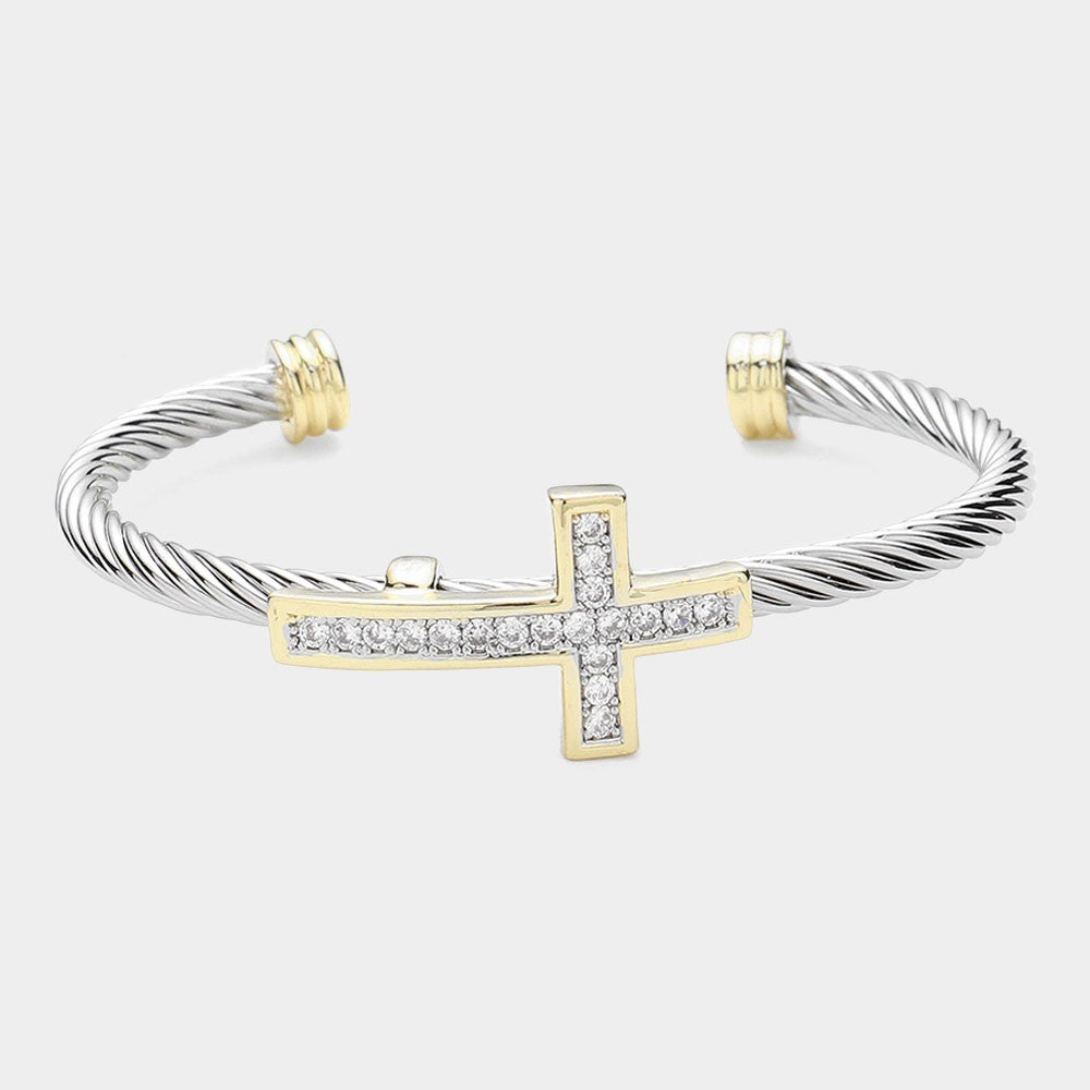 CZ Stone Paved Cross Pointed Two Tone Split Cuff Bracelet for Women