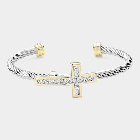 CZ Stone Paved Cross Pointed Two Tone Split Cuff Bracelet for Women