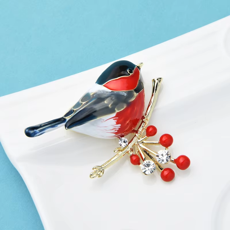 Vintage Style Bird Pins 2-in-1 Set Red Breast Winter Brooch Crystal Rhinestone