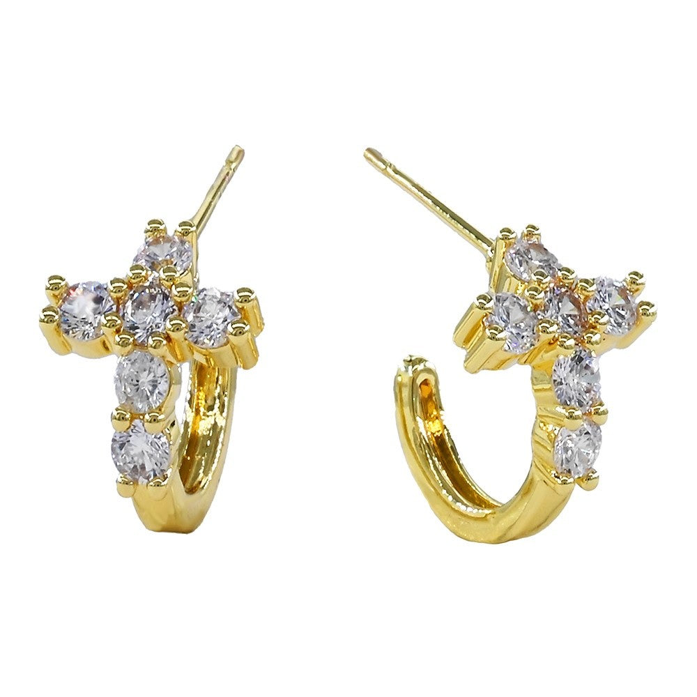 Gold Cubic Zirconia Cross Huggie Hoop Earrings Religious Faith Jewelry Gift