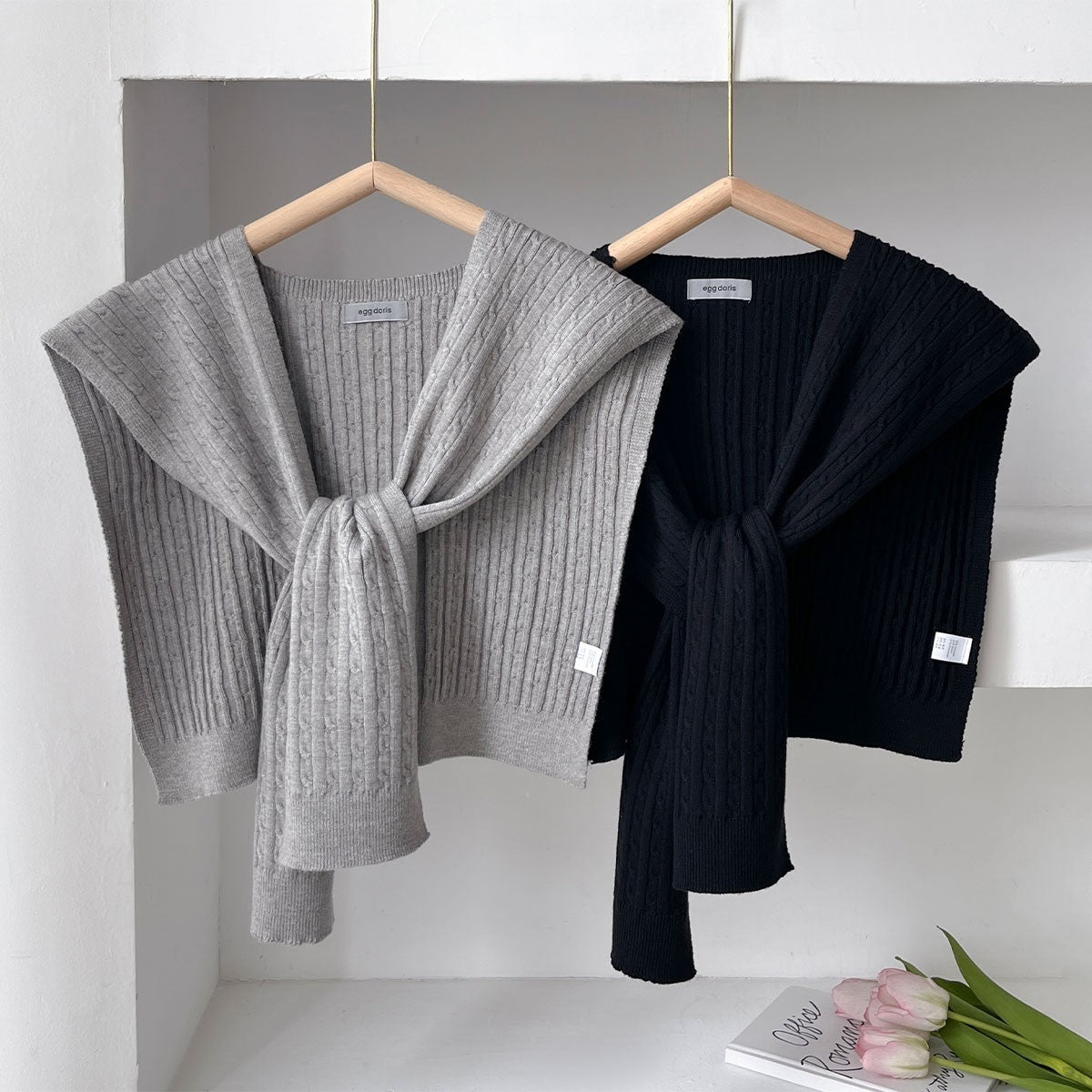 2pcs Cable Knit Sweater Scarf Shawl Wrap Faux Sleeve Shoulder Cape Set
