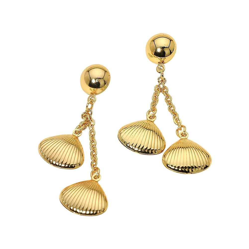 Gold Nautical Double Scallop Seashell Dangle Earrings Summer Beach Jewelry
