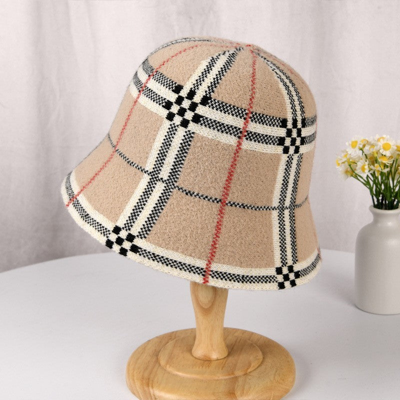 Wool Blend Plaid Bucket Hat Women's Winter Check Tartan Brown Fisherman Cap
