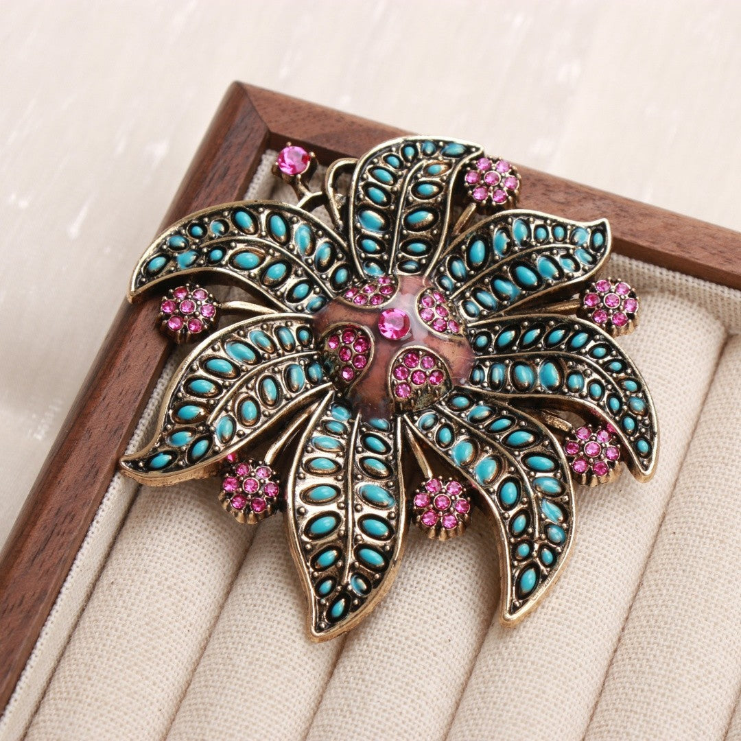 Vintage Gold Tone Flower Brooch Turquoise & Pink Rhinestone Floral Pin