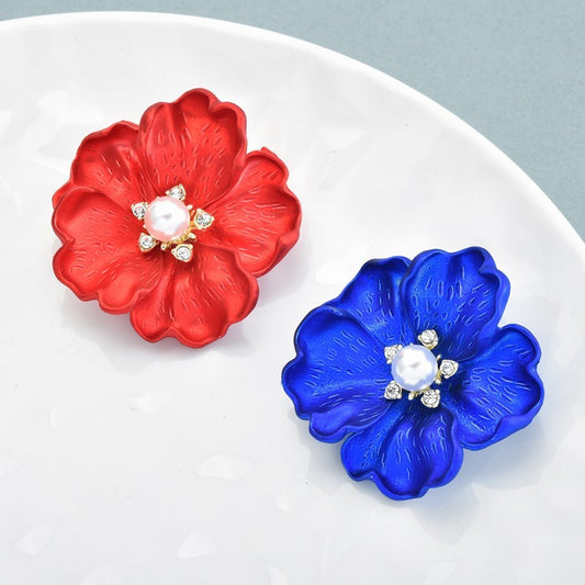 2 Piece Matte Enamel Peony Flower Brooch Set Blue and Red Pearl Crystal Pins