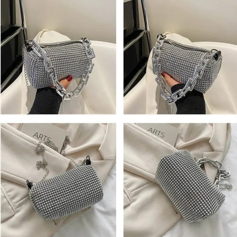 Silver Tone Rhinestone Evening Bag Crystal Clutch Thick Chain Shoulder Handbag