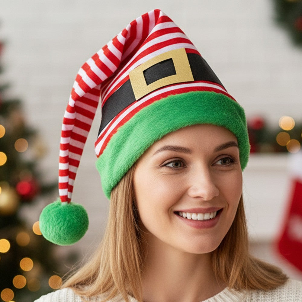 3-Pack Jolly Striped Christmas Elf Hats with Green Trim & Belt Buckle Trio
