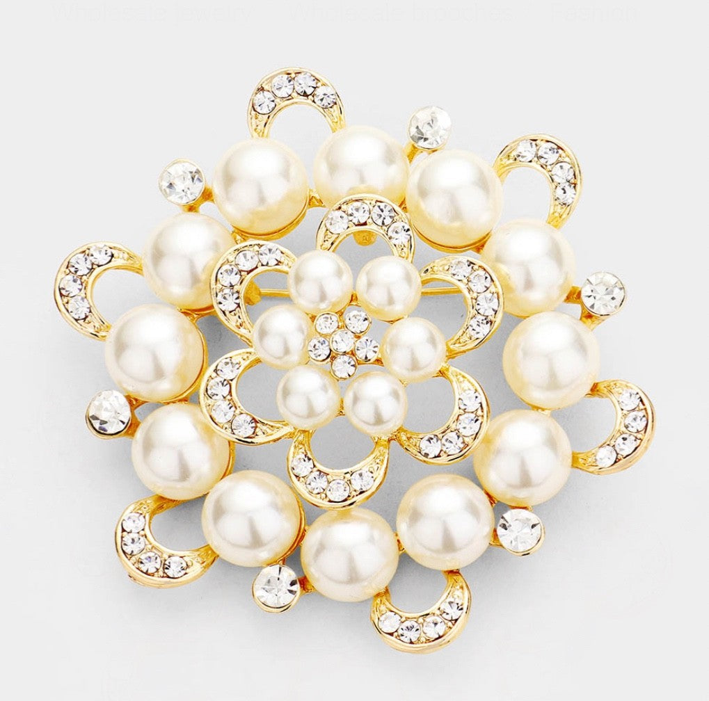 2pcs Faux Pearl Flower Brooch Pin Gold Tone Crystal Bouquet Jewelry Accessory Se