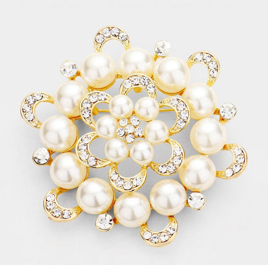 2pcs Faux Pearl Flower Brooch Pin Gold Tone Crystal Bouquet Jewelry Accessory Se