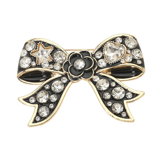 Elegant Black Enamel Bow Brooch Pin With Crystal Accents Vintage Style Jewelry