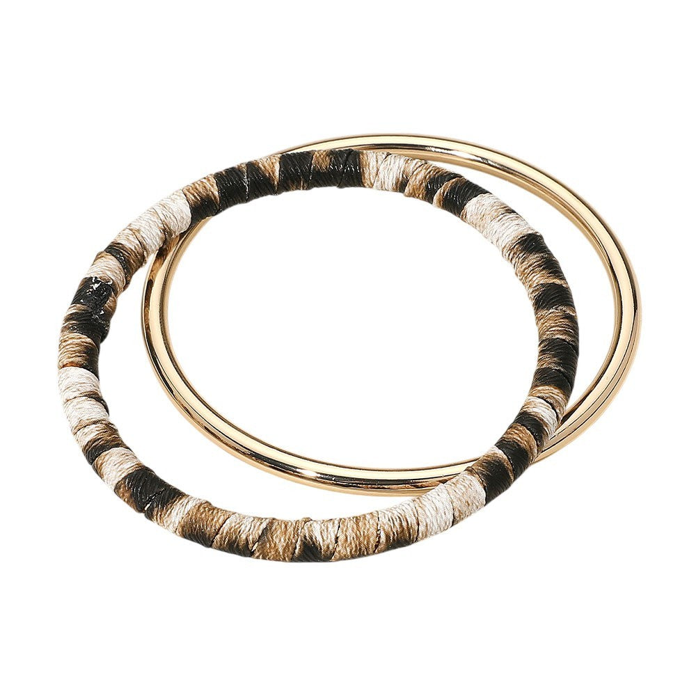 2PCS Metal Leopard Fabric Covered Bangle Layered Bracelets for Women