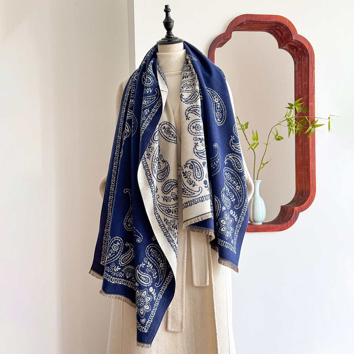 Reversible Blue Beige Paisley Cashmere Feel Scarf Shawl Wrap