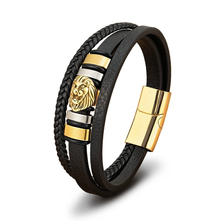 3 Colors Men Lion Head Leather Bracelet Set Stainless Steel Magnetic Clasp