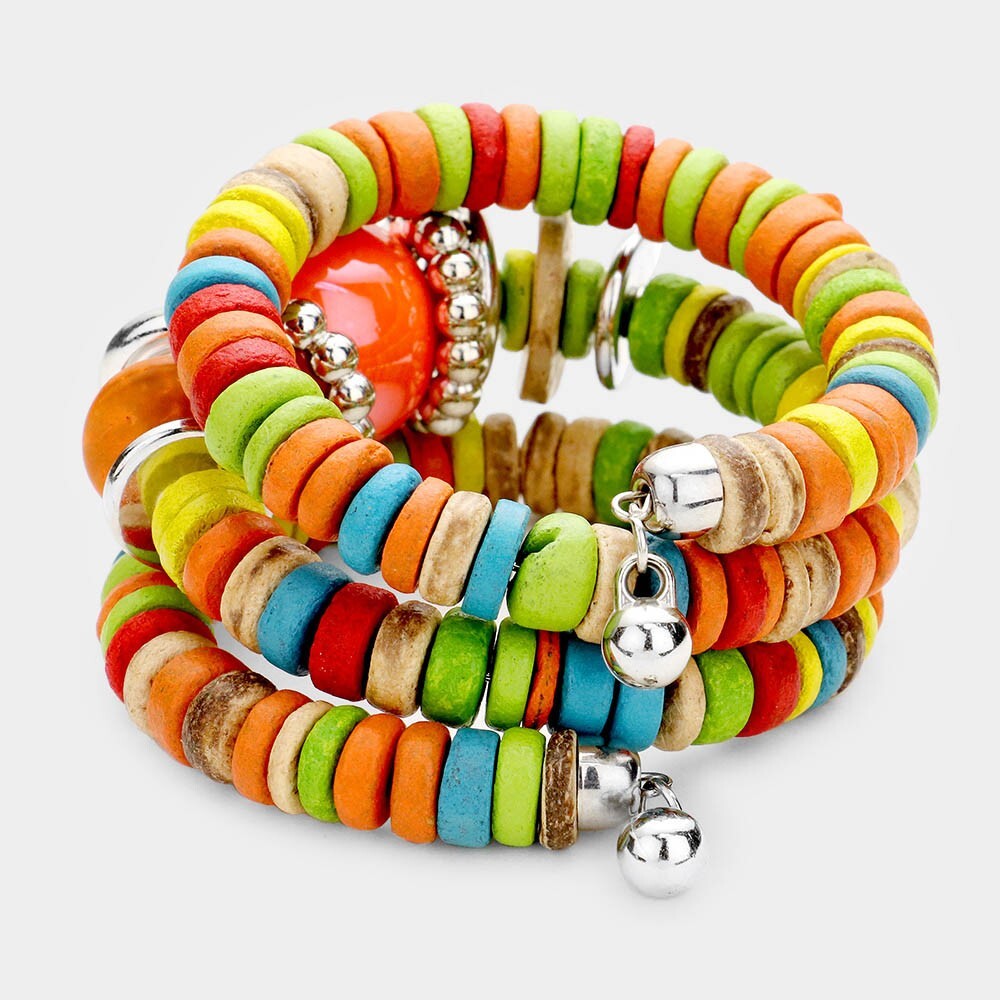 Resin Ball Accent Adjustable Wood Beaded Bracelet