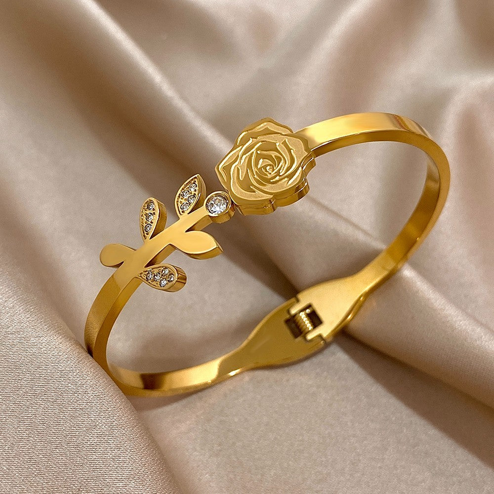Gold Rose Leaf Bangle Bracelet Hinged Cuff Crystal Rhinestone Jewelry