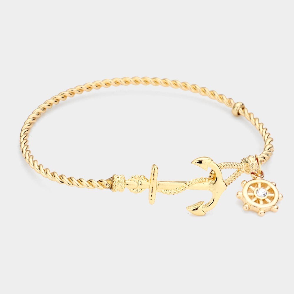 Gold Nautical Anchor and Helm Charm Hook Bracelet for Women Boho Coastal Style