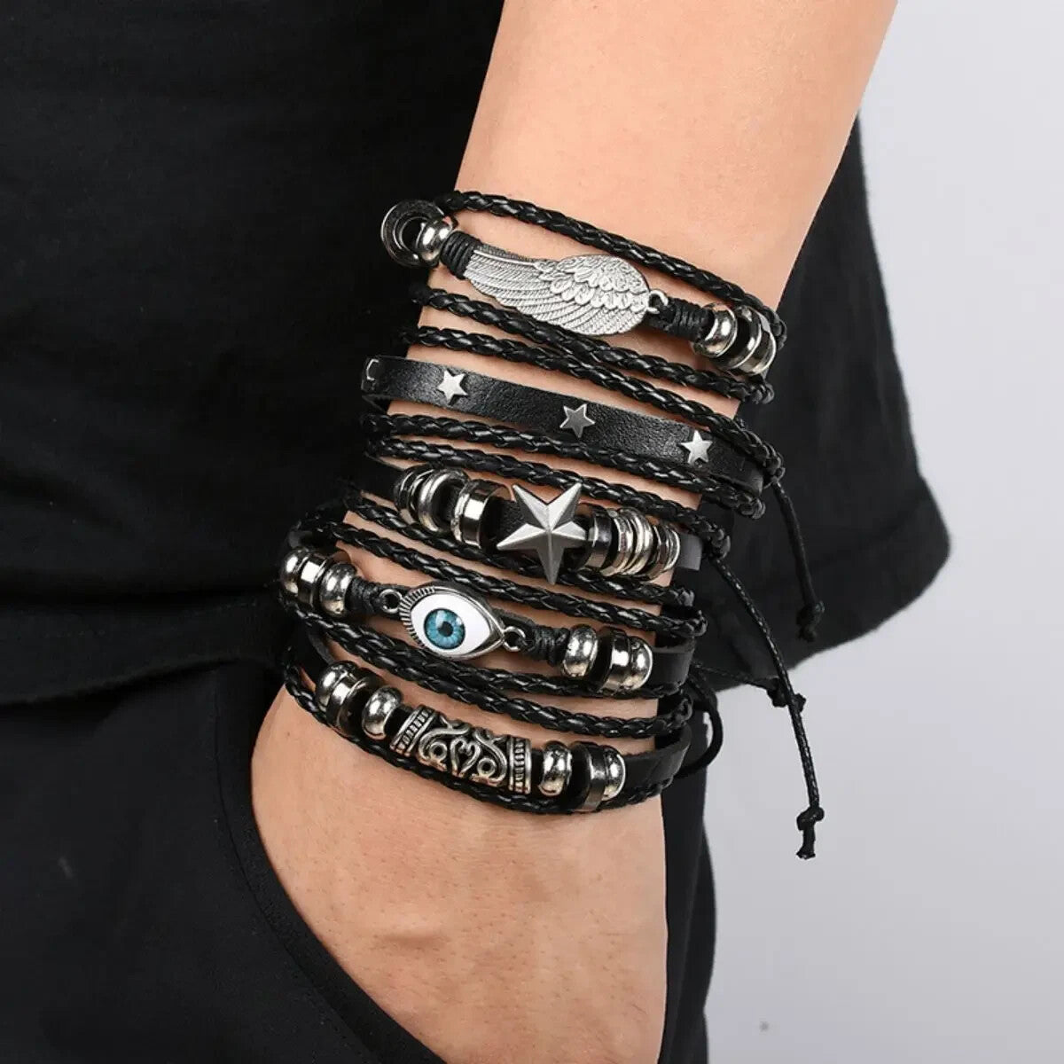 Spiritual Protection Evil Eye Bracelet Set 5pcs Stackable Faux Leather Bracelets