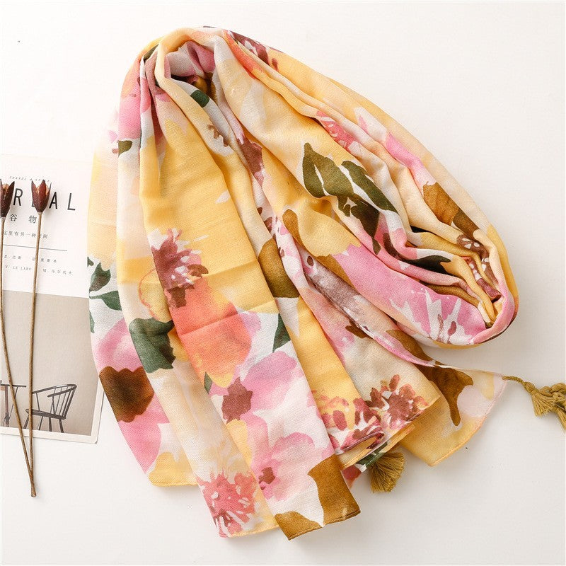 2pcs Floral Tassel Shawl Scarf Large Soft Spring Fashion Wrap Yellow Pink