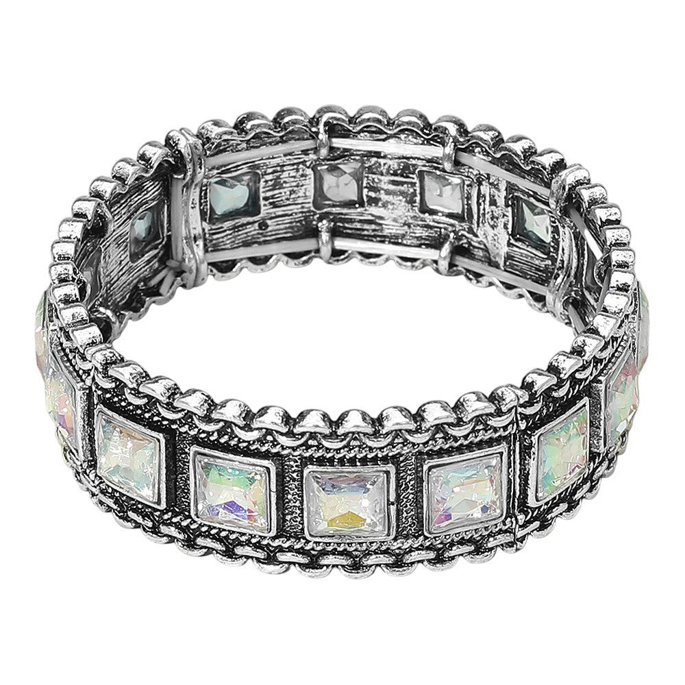 Vintage Silver Bracelet with Iridescent Square Gems Unisex Statement Jewelry