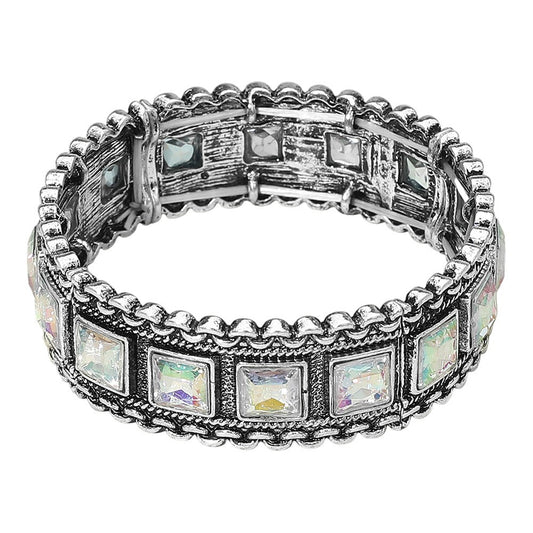 Vintage Silver Bracelet with Iridescent Square Gems Unisex Statement Jewelry