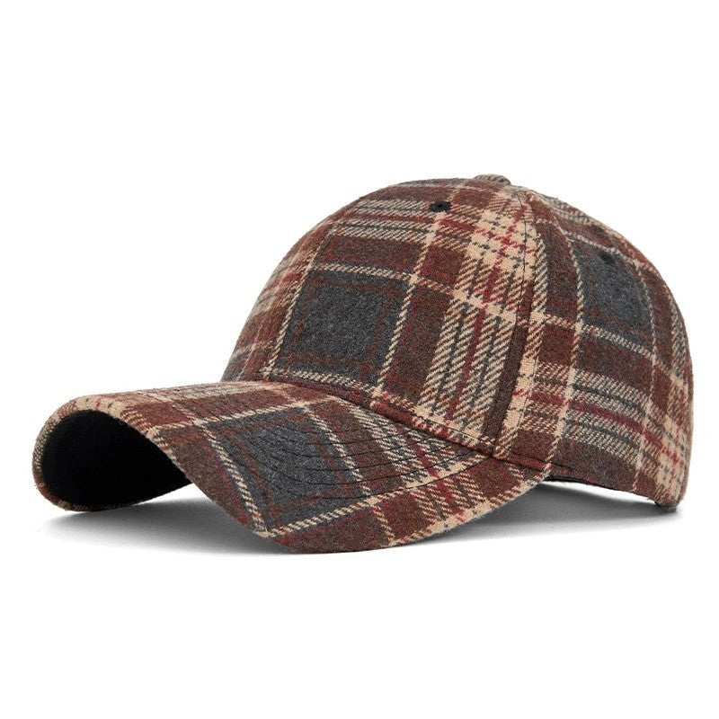 Brown Plaid Baseball Cap Winter Wool Blend Hat Adjustable Men