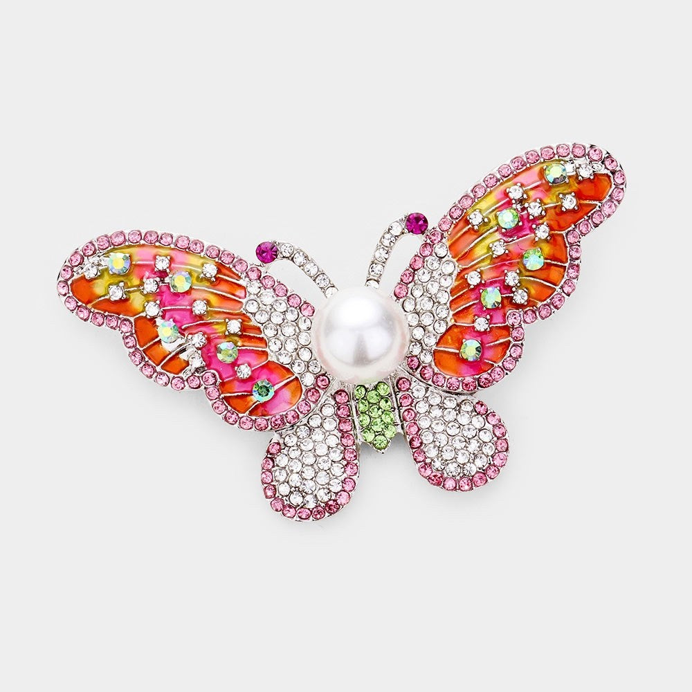 2pcs Crystal Butterfly Brooch Set Pearl Inlay Enamel Fashion Pins 2 Colors