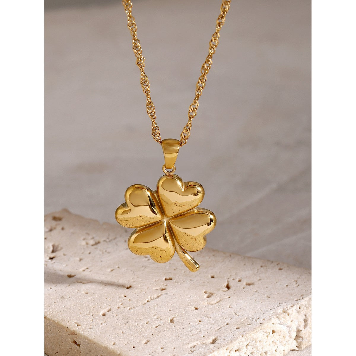 Waterproof Gold Four Leaf Clover Necklace Stainless Steel Twisted Chain 17.7"+2"