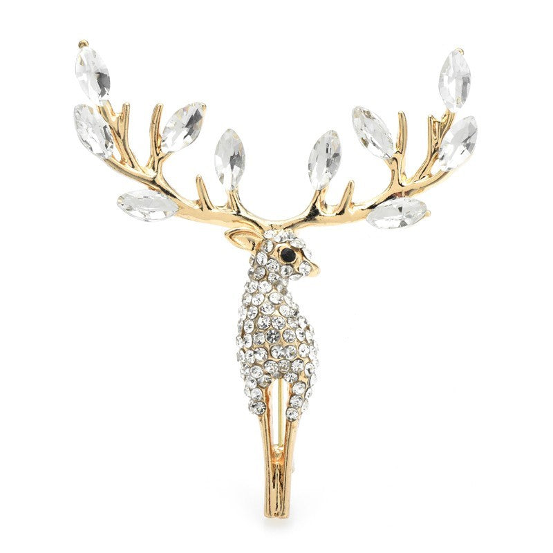 Elegant Gold Rhinestone Deer Brooch Pin Statement Reindeer Christmas Hair Clip
