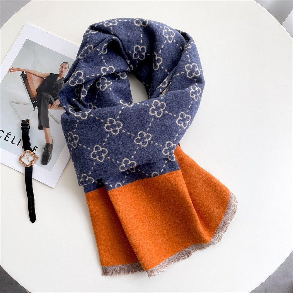 Cashmere Feel Reversible Blue Orange Clover Print Blanket Shawl Scarf