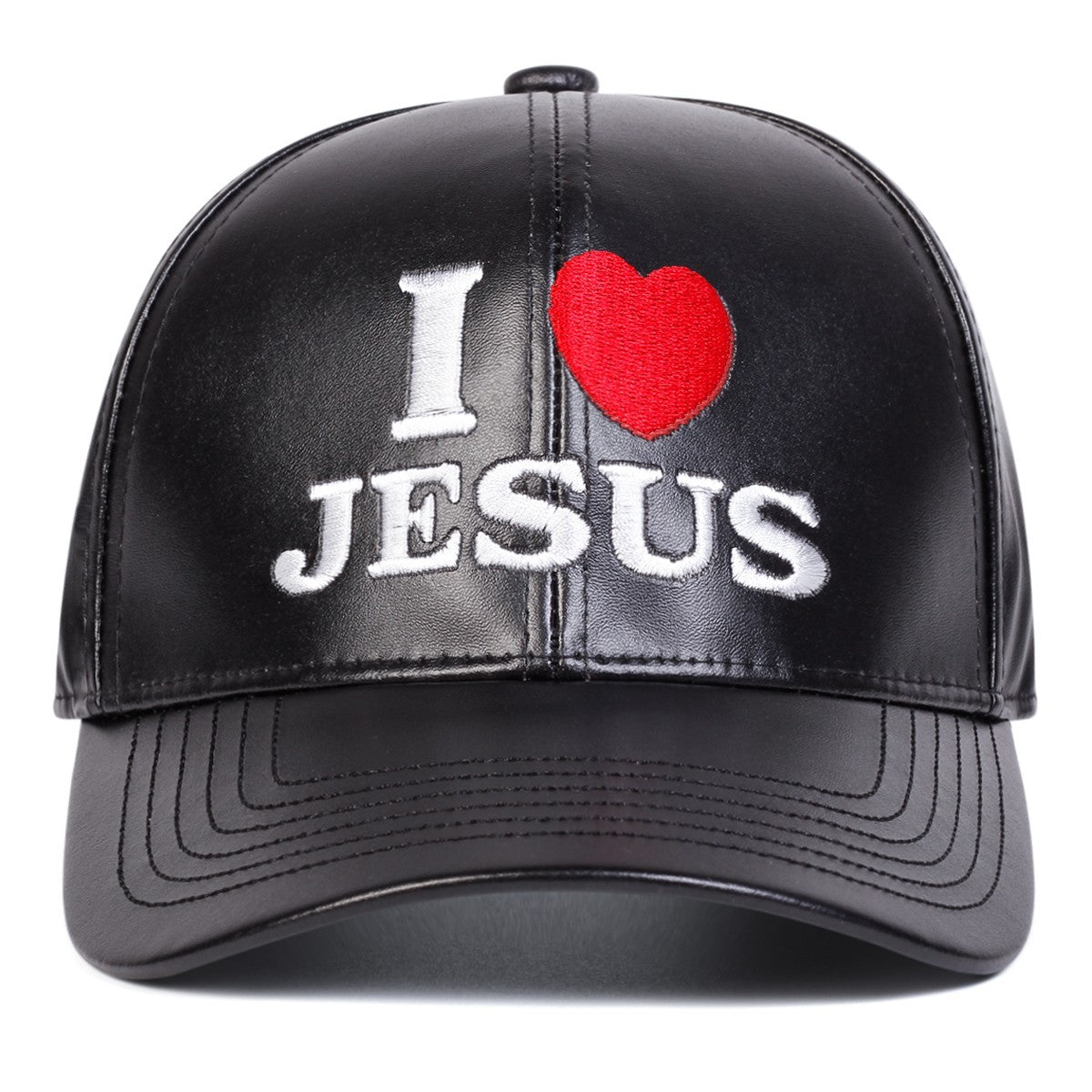 I Love Jesus Black Faux Leather Baseball Cap Christian Embroidered Hats