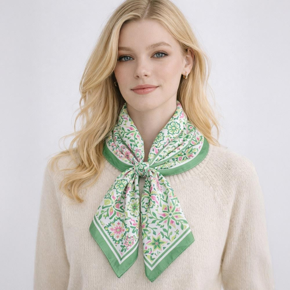 Green Pink Mosaic Floral Print Silk Feel Square Neck Scarf Head Wrap