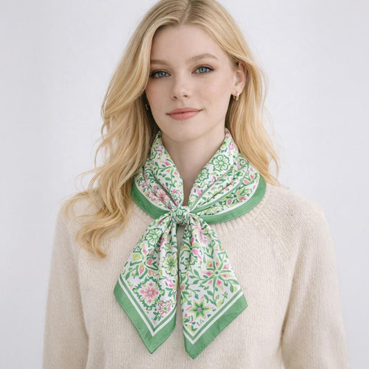 Green Pink Mosaic Floral Print Silk Feel Square Neck Scarf Head Wrap