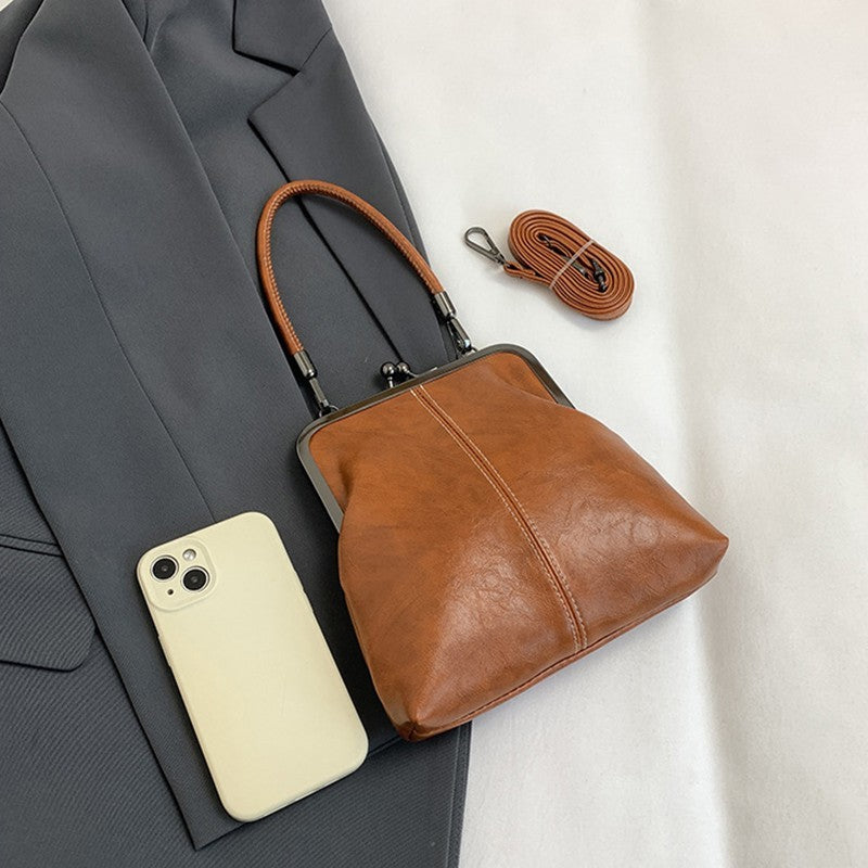 Cognac Faux Leather Kiss Lock Frame Bag Small Doctor Style Crossbody Handbag