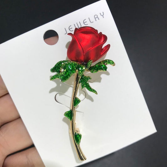 Red Rose Flower Brooch Pin Women Gold Tone Green Rhinestone Jewelry
