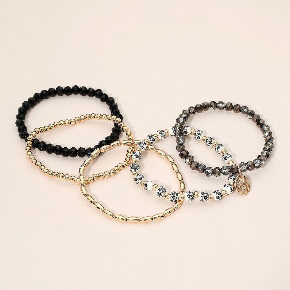 5pc Floral Embossed Oval Charm Beaded Stretch Bracelet Set Layered Boho Stack