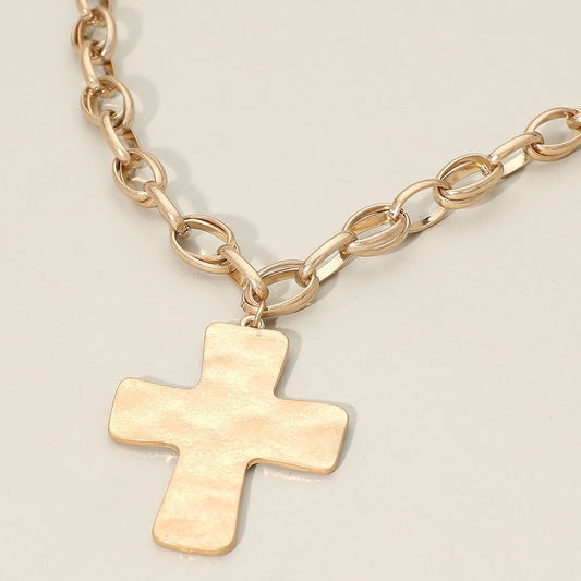 Gold Hammered Texture Cross Pendant Chunky Oval Link Chain Statement Necklace