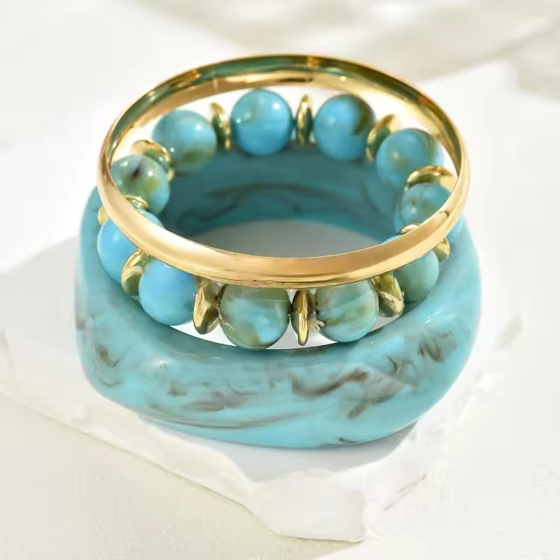 3pcs Turquoise Blue Bangle Bracelet Set Resin Beaded Gold Tone Fashion Jewelry