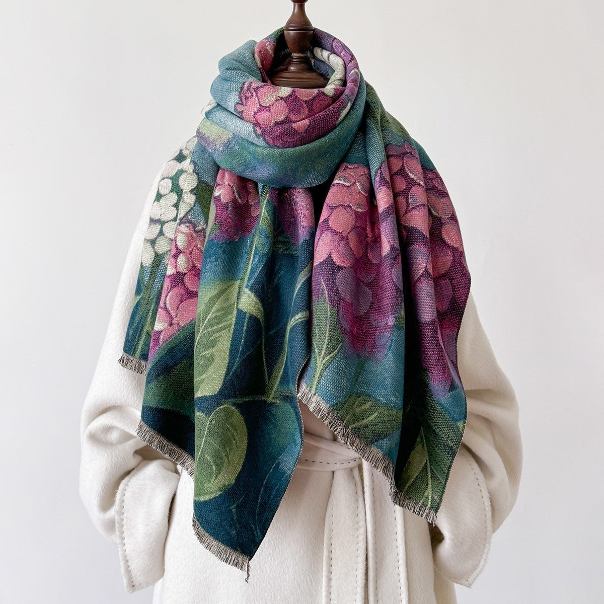 Hydrangea Floral Print Scarf Shawl Large Wrap Winter Warm Pashmina Green Pink