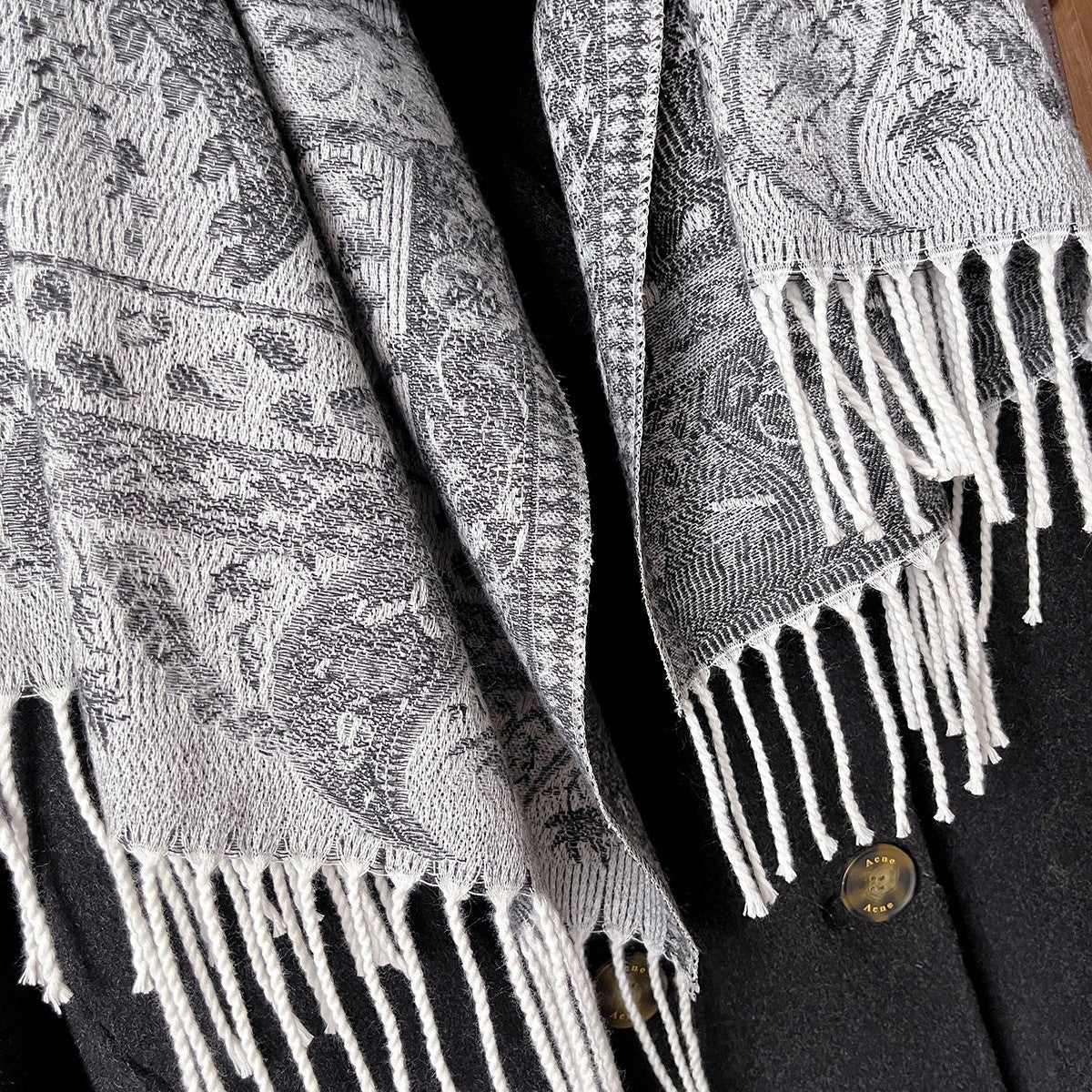 Oversized Black Gray Paisley Shawl Wrap Scarf Reversible Fringed Winter