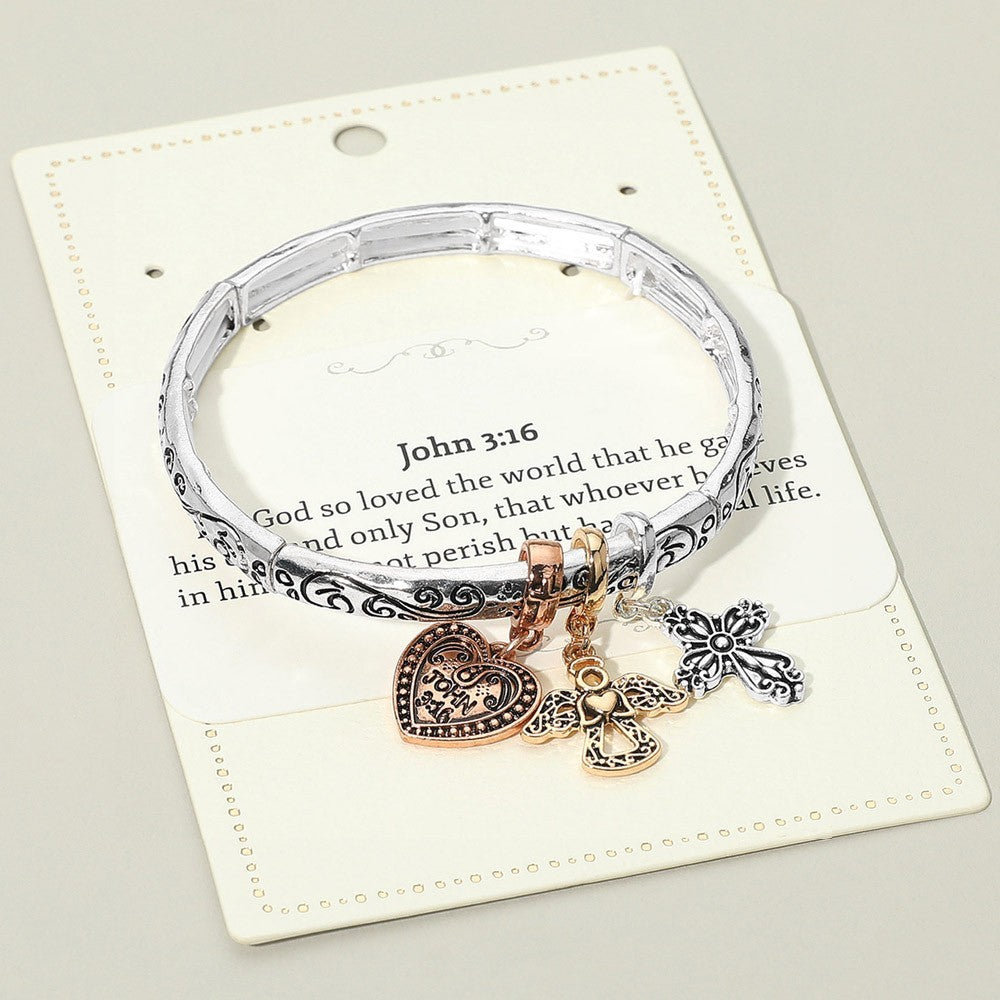 John 3:16 Stretch Bracelet Silver Tone Heart Angel Cross Charms Christian Gift