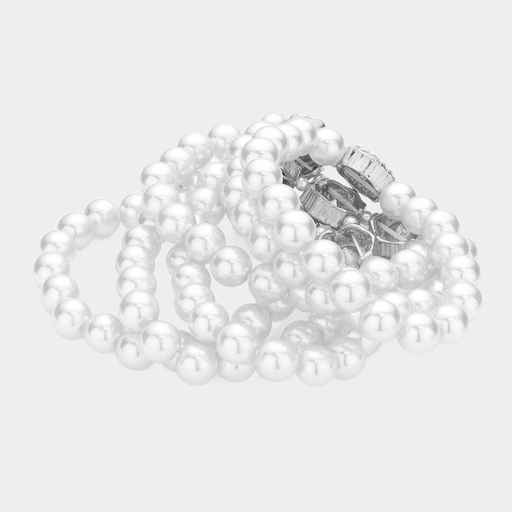 Glamorous Multi-Row Faux Pearl Stretch Cuff Bracelet with Radiant Crystal Accent
