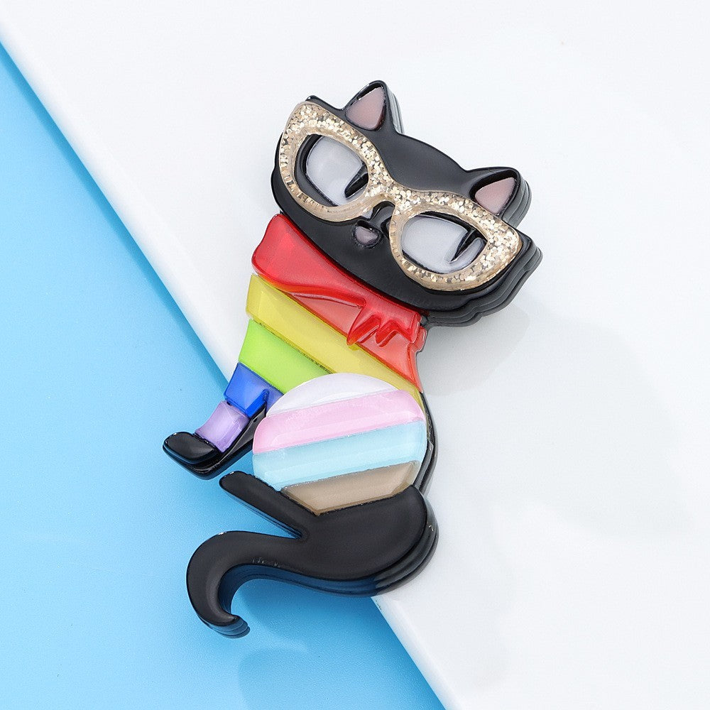 Colorful Acrylic Cat Brooch Pin Sparkle Glitter Glasses Fun Whimsical Badge