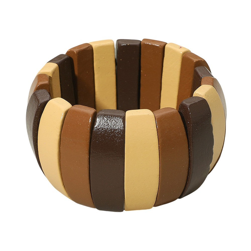 2pcs Boho Wooden Block Bracelet Stretch Wide Cuff Multi Color Earth Tones